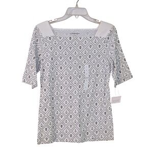 Croft & Barrow White Anchor Print Square Neck Elbow Sleeve Top Size Small NWT‎